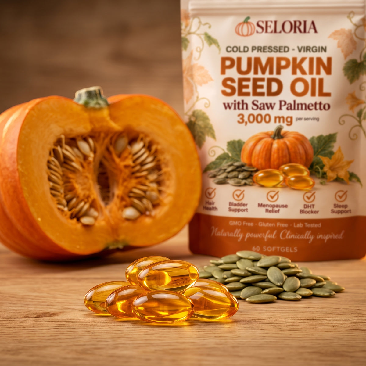 Seloria pumpkin seed oil softgels close up